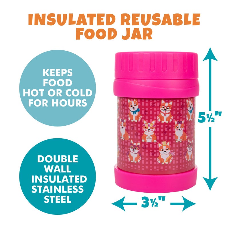 Bentology Kids Complete Pink Corgi Lunch Box Kit - Insulated Soft Bag Sleeve, Convertible Tote Strap for Kids, 13oz Food Jar & Reusable Hard Ice Pack - Keeps Food Hot or Cold for Hours- Back to School Essential - Image 2